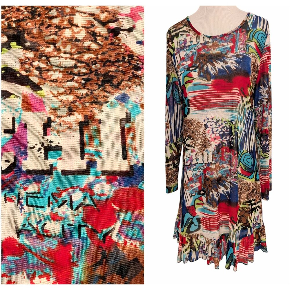 Mirror Image Womens Size S Colorful Abstract Graffiti Art Mesh Ruffle Hem Top